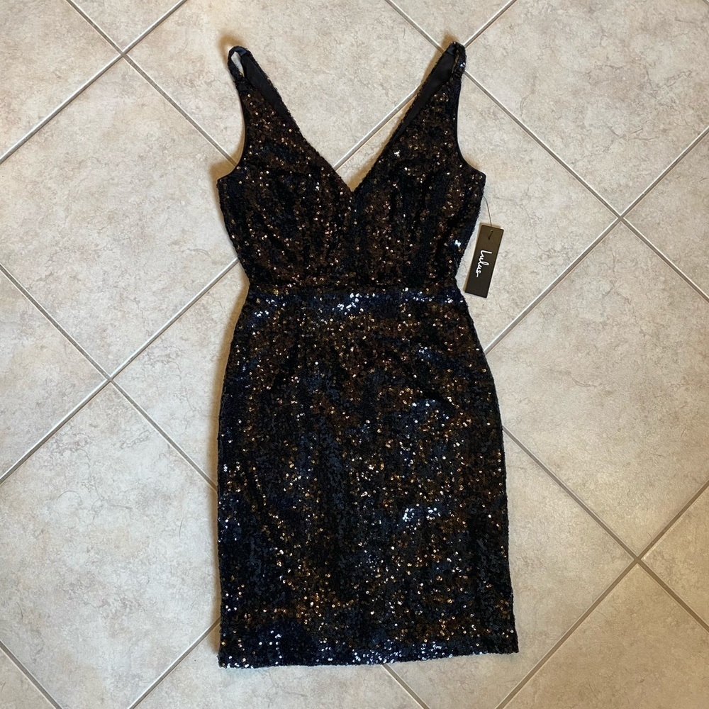 Lulus XS Champagne Showers Black Sequin Bodycon Dress